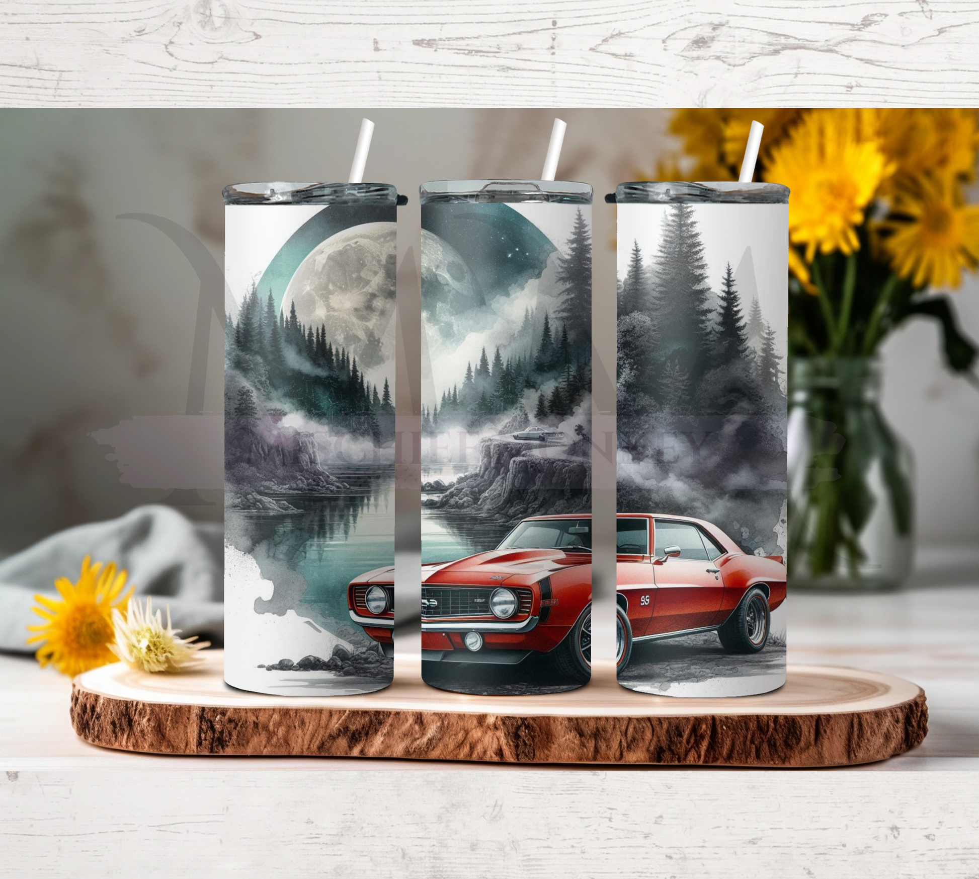 20 oz sublimation print featuring a vintage car and forest design on skinny tumblers